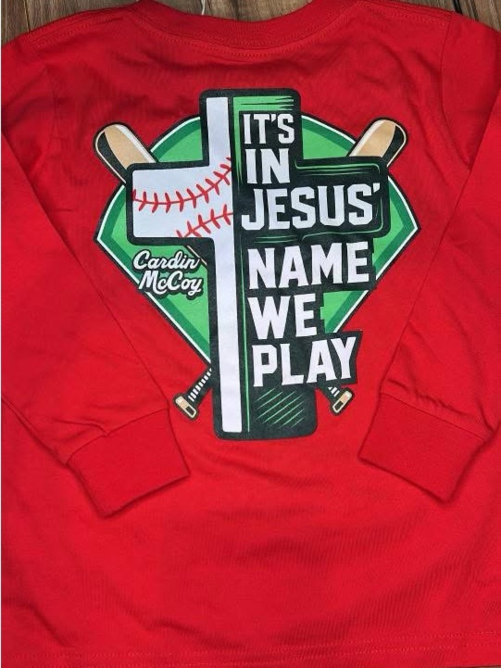 Kids' Red 'It's In Jesus Name We Play' Long Sleeve Tee by Cardin McCoy